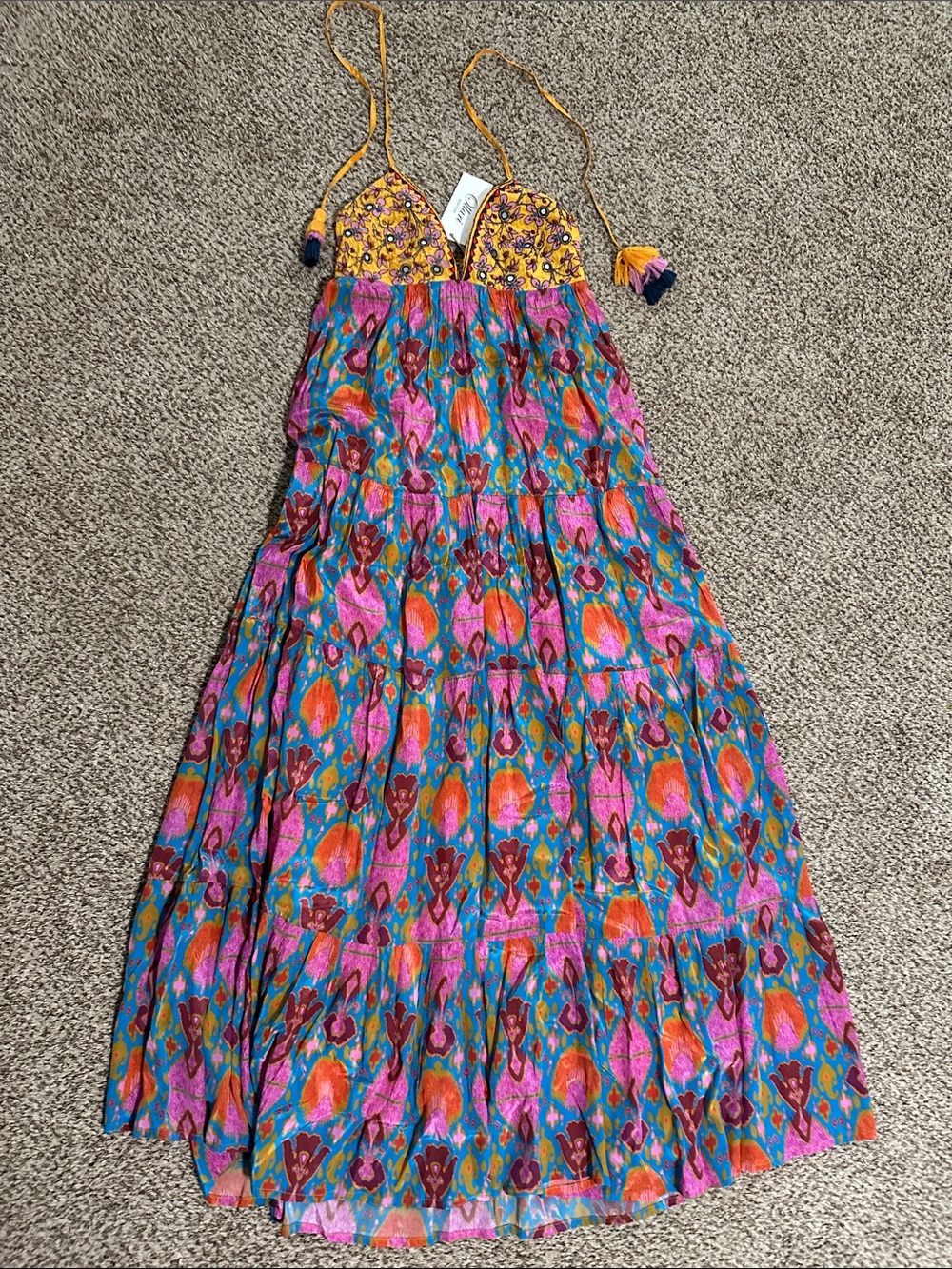 Boho Tiered Halter Maxi Dress in Pink, Orange & Teal